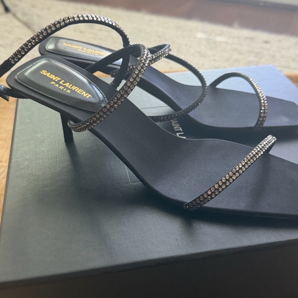 Saint Laurent Black Rhinestone Strappy Sandals - Picture 5 of 8